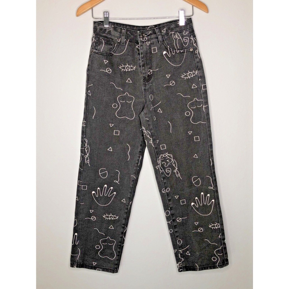 Womens Jeans 26 Black Line Art Doodle Print High Waisted Straight Leg Art SHEIN